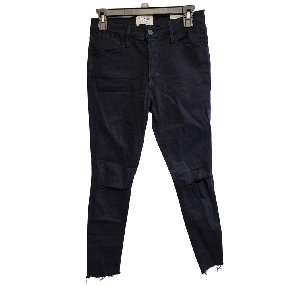 FRAME Le High Skinny Jeans Women 26 Black Distressed Ripped Knee Raw Hem Cropped